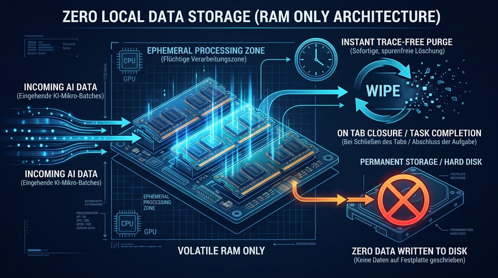 Grafik: Zero Local Data Storage – RAM-only-Architektur